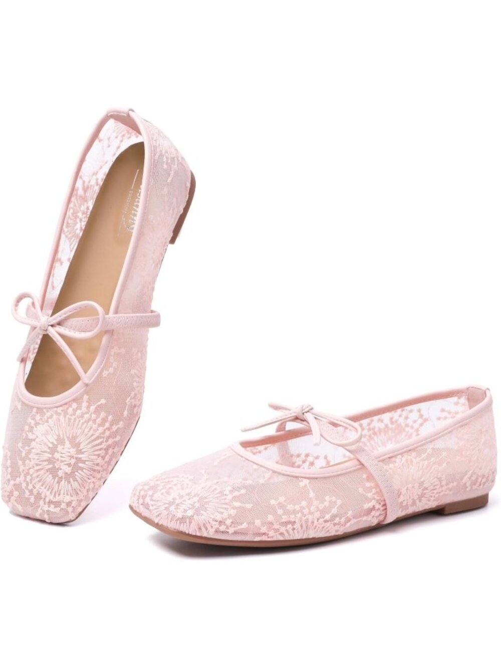 Women's Lace Pink Square Toe Strap Ballet Flats Lace Up Bow Comfortable Shoes